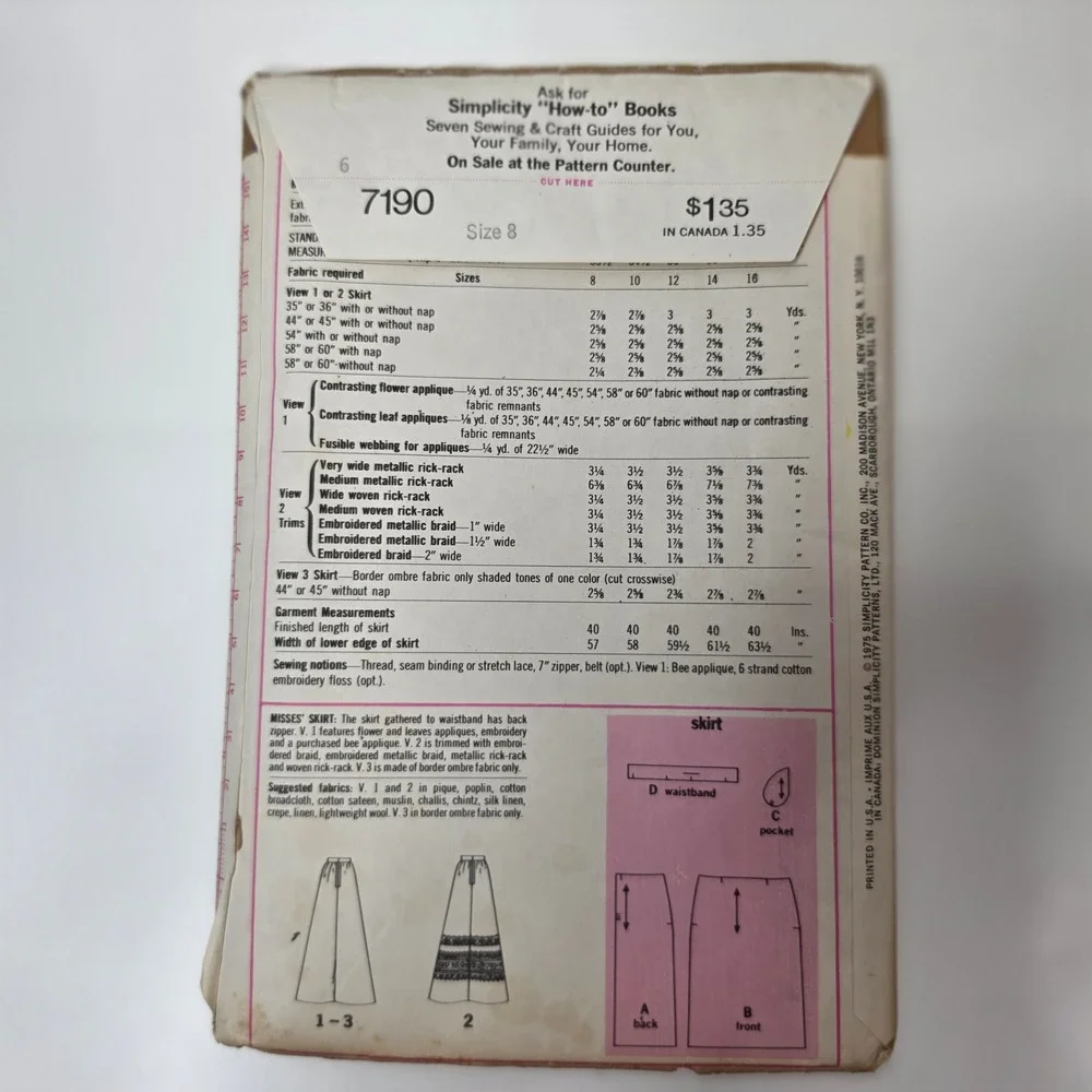 Vintage 1975 Simplicity 7190 Misses Skirt Sewing Pattern Size 8 Uncut FF Boho